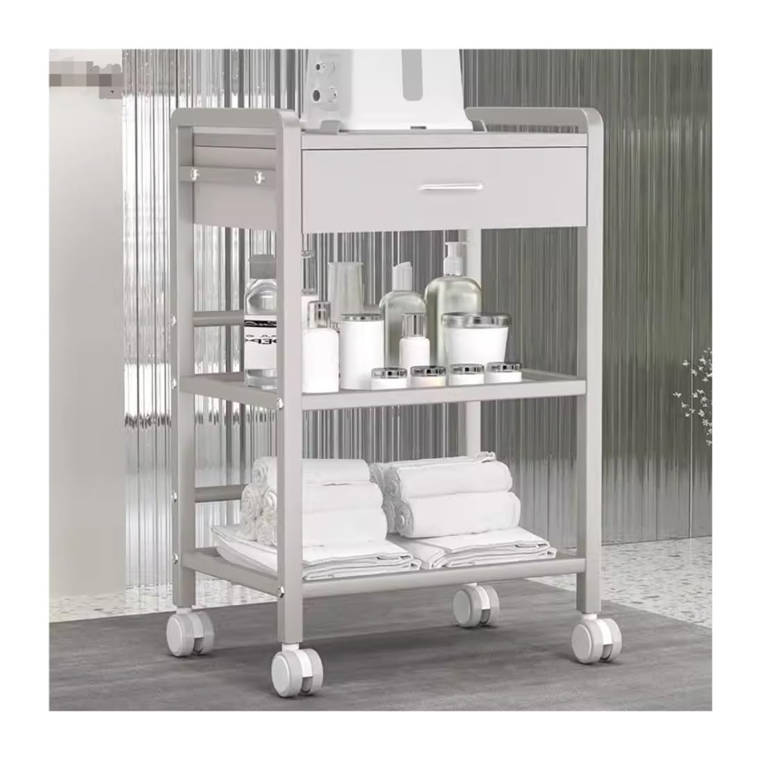 Shswud Grey Esthetician Cart, 3 Tier Beauty Salon Trolley With Drawer Storage Movable Trolleys Rolling Cart With Wheel Beauty Salon Cart Nail Cart(Grey)