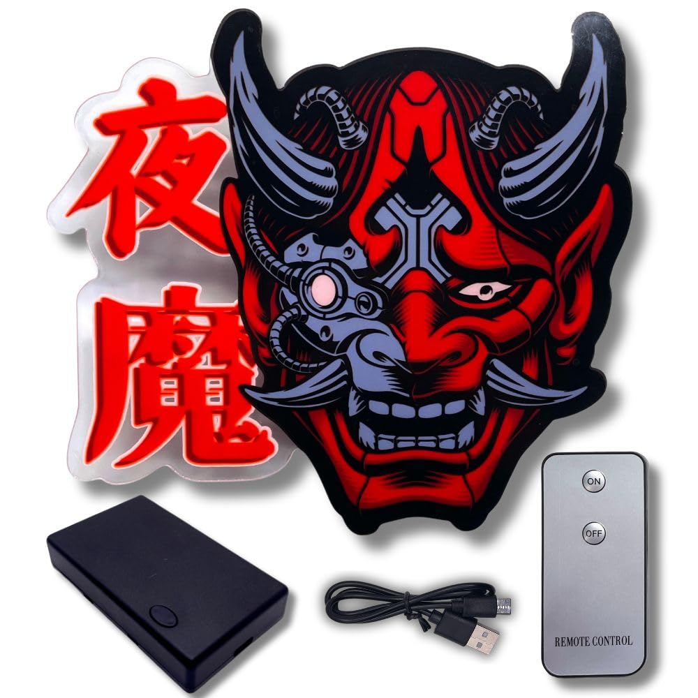 Oni Night Demon Car Decal – LED Car Sign, Remote Controlled, USB Rechargeable, Illuminated Car Decals with 5 Modes, Car Accessories Interior, Sticker for Car, JDM Car Accessories