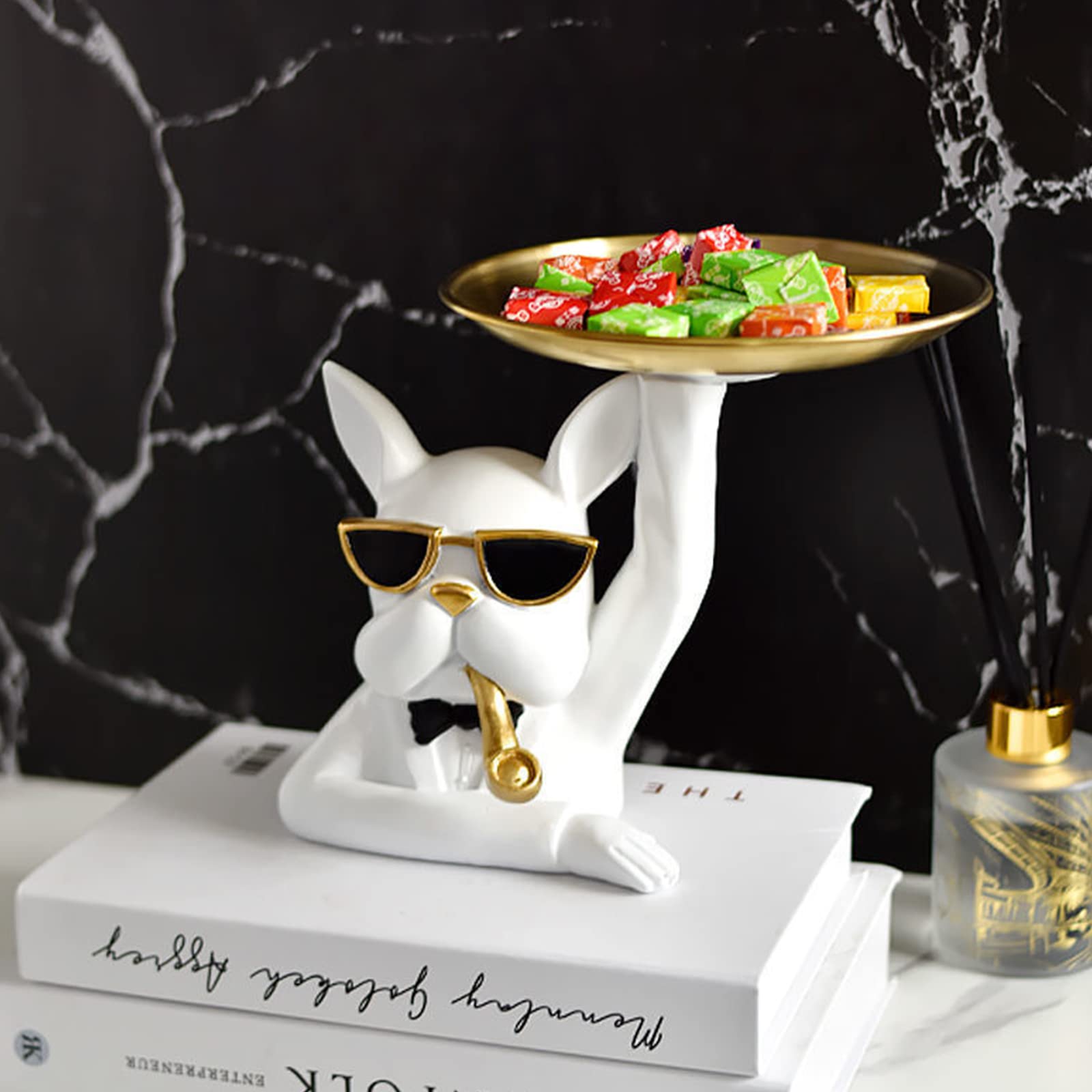 Statua Vassoio Bulldog In Resina Bianca - Decor Moderna Per Casa, Portachiavi E Ciotola Caramelle