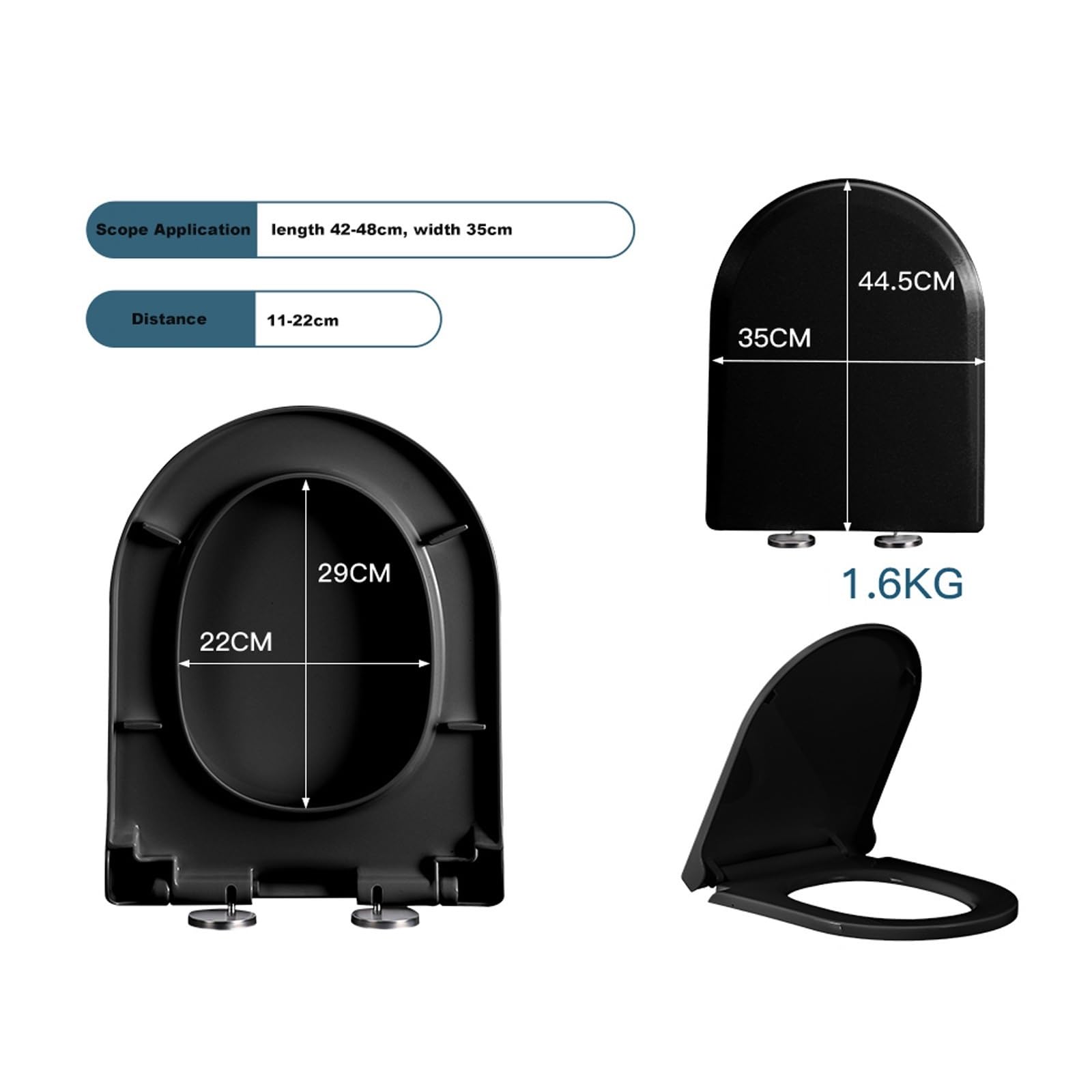 WC-Sitz mit Absenkautomatik, Schnellverschluss, einfache Reinigung, 44,5 × 35 cm, Schwarz – Stilvolles Bad-Accessoire für moderne Wohnungen, Soft-Close-Design, langlebig & bequem