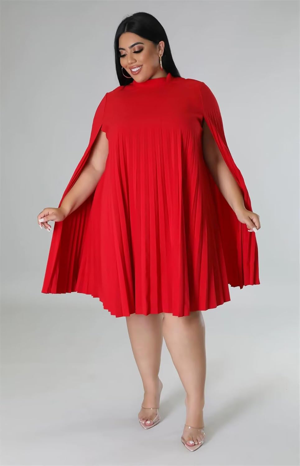 KEYUFANG Women’s Plus Size Cape Sleeve Elegant Loose Pleated Short Dress for Cocktail Party - Image 2