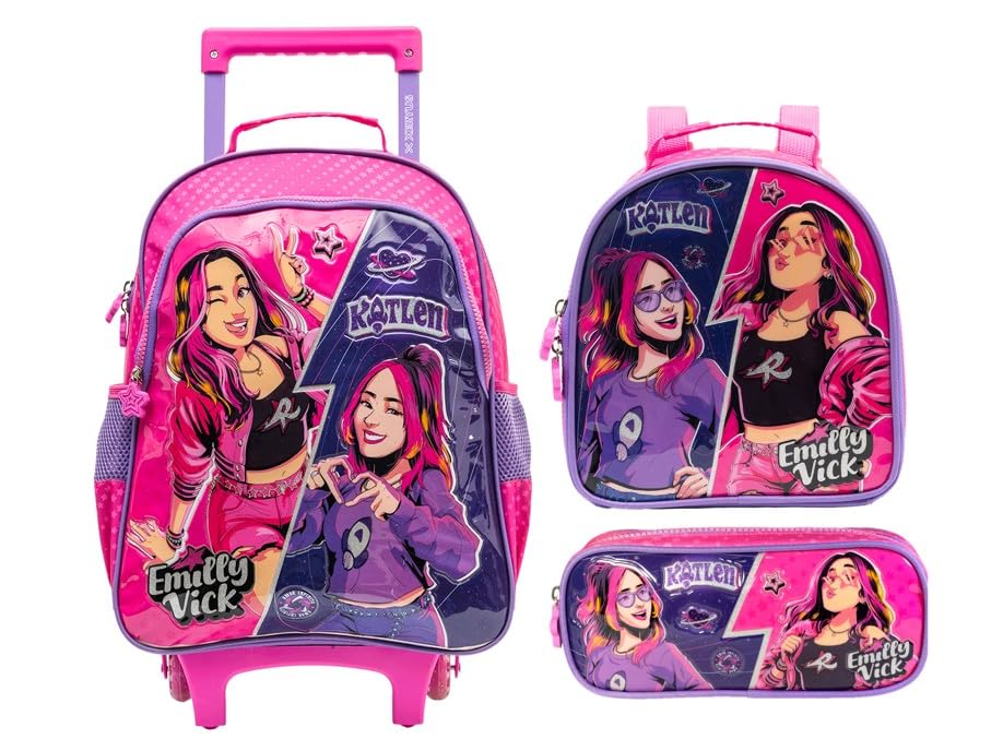 Kit Mochila Rodinha Emilly Vick Lancheira Estojo 2026 Rosa-chiclete Emilly Vick