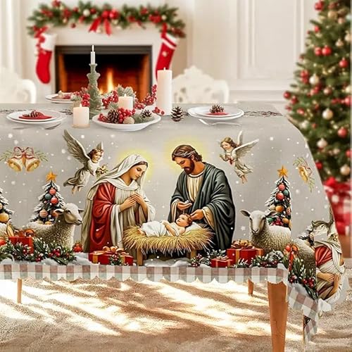 Christmas Tablecloth, Grey Decoration, Angel, Christmas Tree & Nativity Patterns,