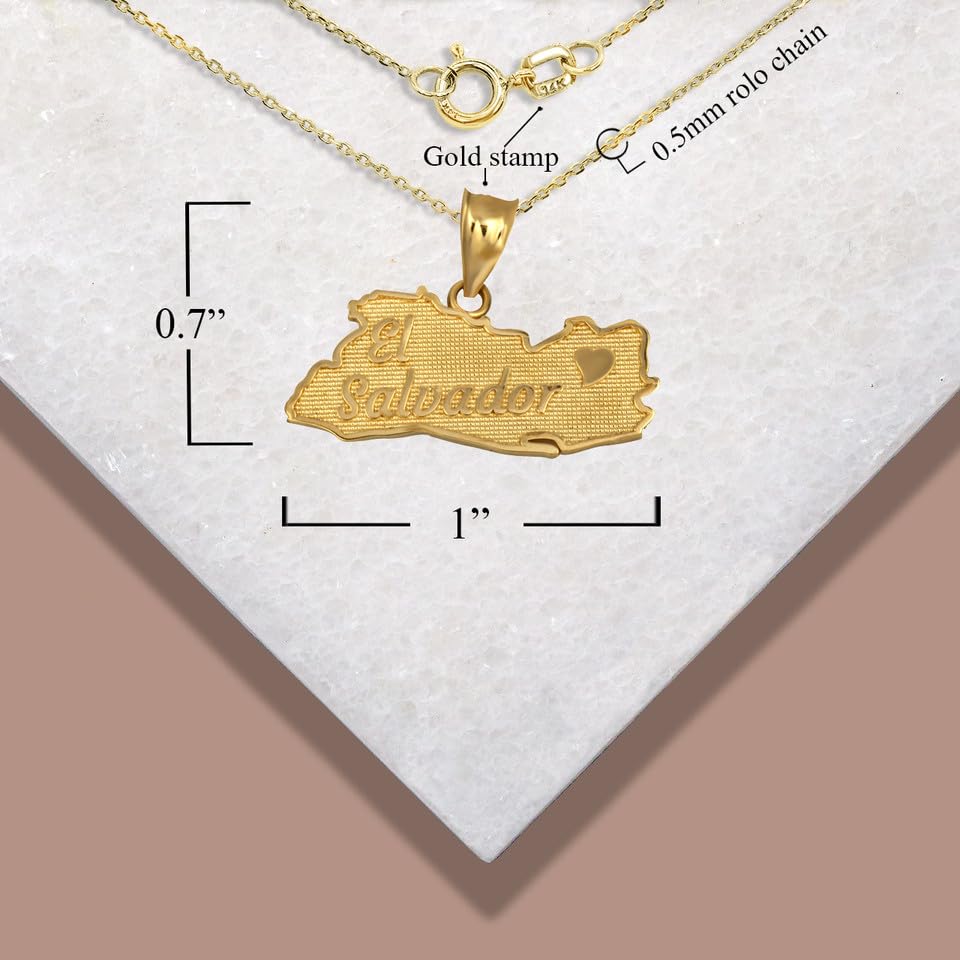 14K Yellow, White, or Rose Gold 0.70" Love Country Map of El Salvador Heart Charm Pendant Necklace - Choice of Metal & Length2