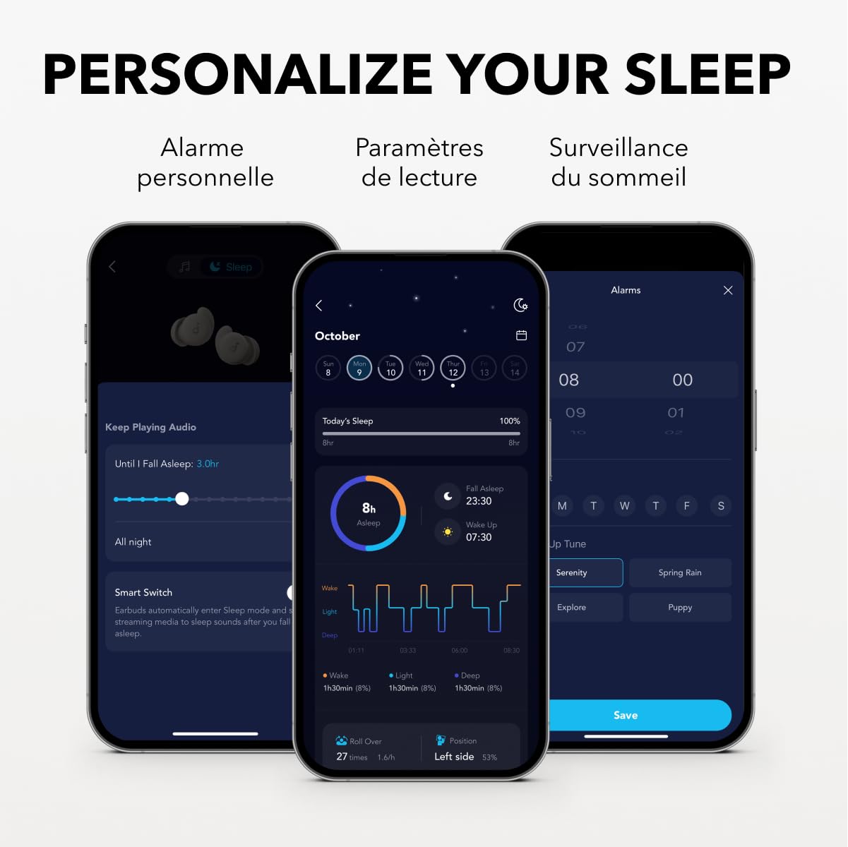 Soundcore Sleep A20 by Anker écouteurs Anti-Bruit pour Le Sommeil, Petit Design pour Les Dormeurs Latéraux, 80 Heures D'autonomie, Diffusion de Contenu Via Bluetooth 5.3, Moniteur de Sommeil