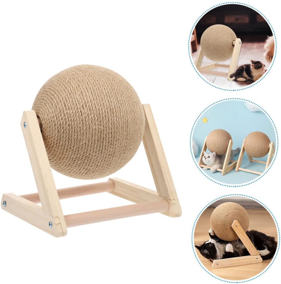 Wooden Cat Scratching Post Ball Sturdy Sisal Rope Cat Claw Grinding Toy for Indoor Stable Floor Scratcher for Kittens and Adult