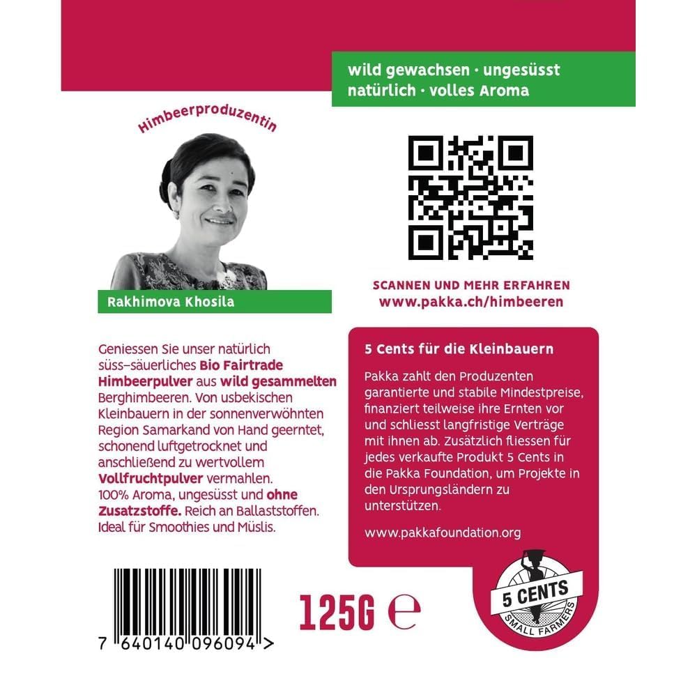 PAKKA - Bio Fairtrade Himbeeren Pulver, Himbeerpulver, sonnengetrocknet, ungeölt, ohne Schwefelzusatz und ungesüßt, aus Wildsammlung, direkt von Kleinbauern aus Samarkand in Usbekistan, vegan 750g