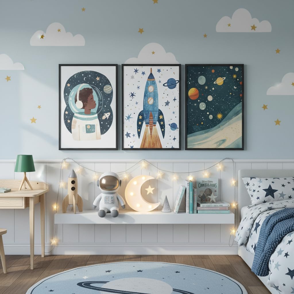 PNFBQRG 3Pcs Space Nursery Wall Art Whimsical Outer Space Posters Artwork Rocket Astronaut Planet Painting Pictures Wall Decor for Boys Kids Room Bedroom Nursery Room 16x24In Unframed