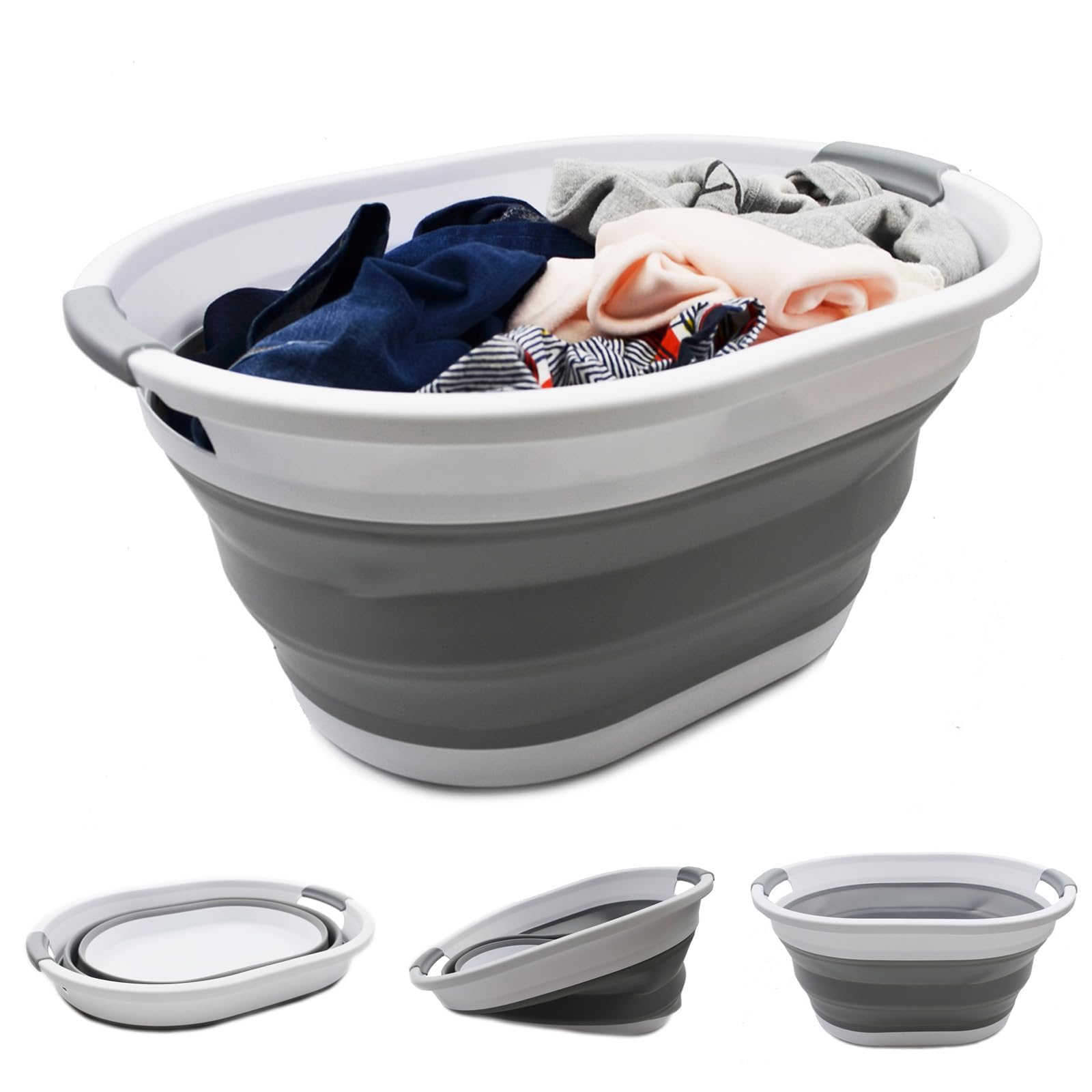 SAMMART 32L Collapsible Plastic Laundry Basket - Foldable Pop Up Storage Container/Organizer - Portable Washing Tub - Space Saving Hamper, Water Capacity: 24L (1, White/Grey)