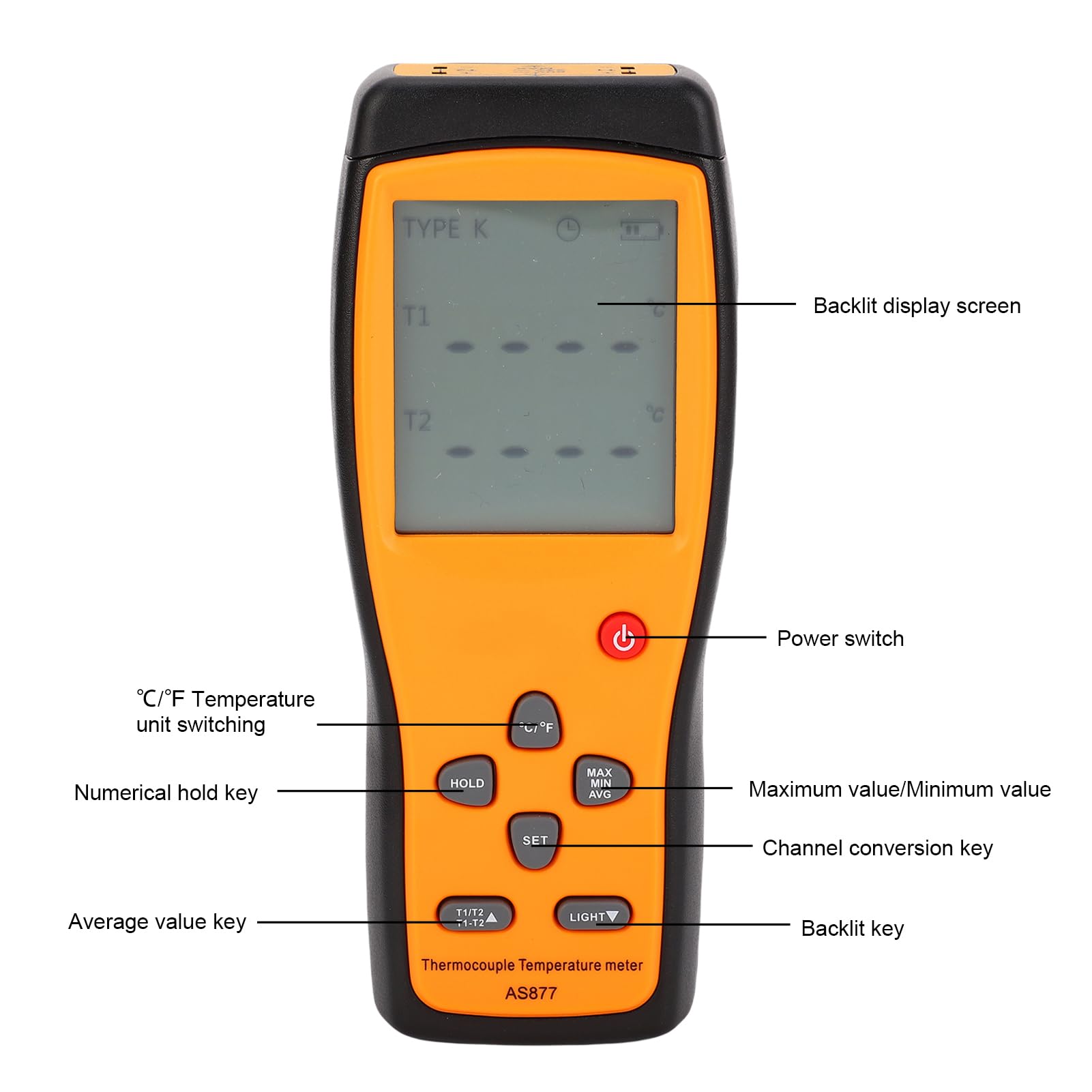 Luocute Digitales Thermoelement-Thermometer, 2-Kanal-Temperaturmessgerät mit Berührungstyp, Hochtemperatursonden für HLK-Labor -200~1372 °C mit 2 Sonden