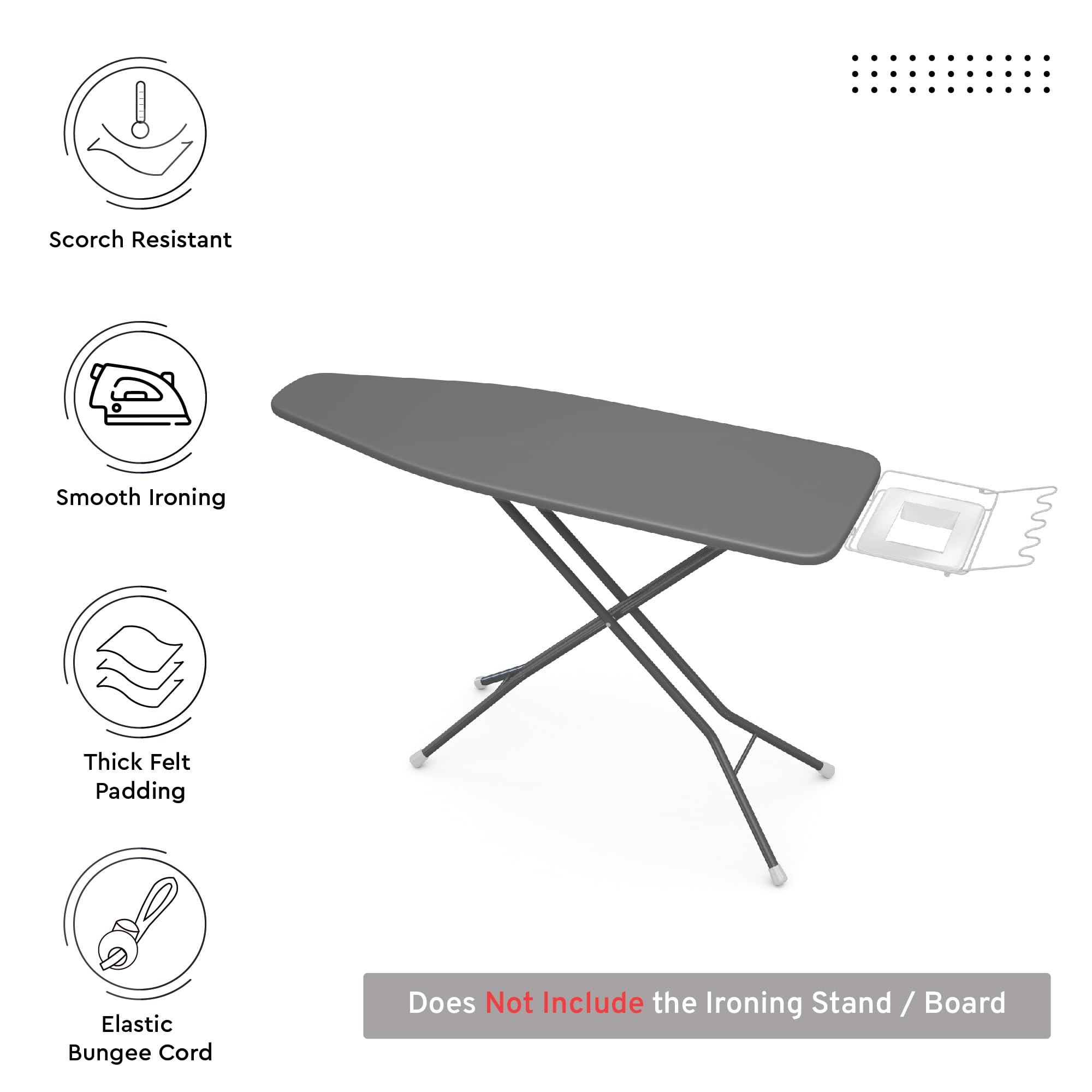 Encasa XO Mini Ironing Board Cover with Extra Thick Pad, Plain Colors, Elasticated, (Fits Standard Large Boards of 125x39 cm) Heat Reflective - Grey - 2