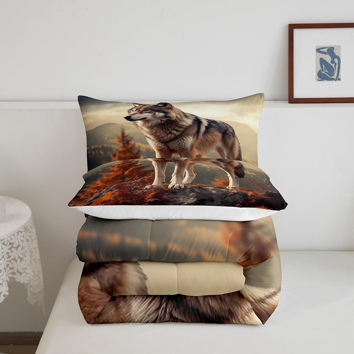 Castle Fairy Grey 3D Wolf Comforter Set King Size Wildlife Animal Bedding Set Bedroom Decor Pine Tree Mountain Quilt Set Breathable Nature Sunset Duvet Insert with 2 Pillowcases
