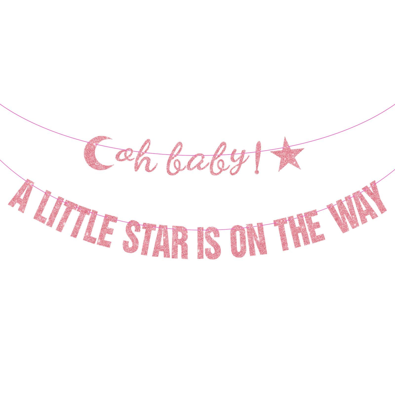 BLMHTWO Pre-Strung Oh Baby A Little Star Is On The Way Banner, Pink Glitter Welcome Baby Newborn Birth Decorations Banner for Girls Boys Party Supplies Sign for Gender Reveal Baby Shower