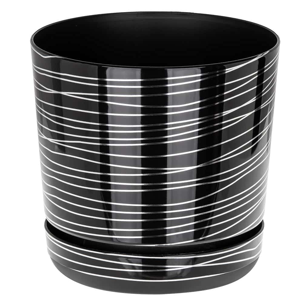 KORAD BLACK WITH SILVER STRIPES flower indoor plant pot with saucer plastic gloss modern decorative planter with drainage holes (18 cm - 7 inches)