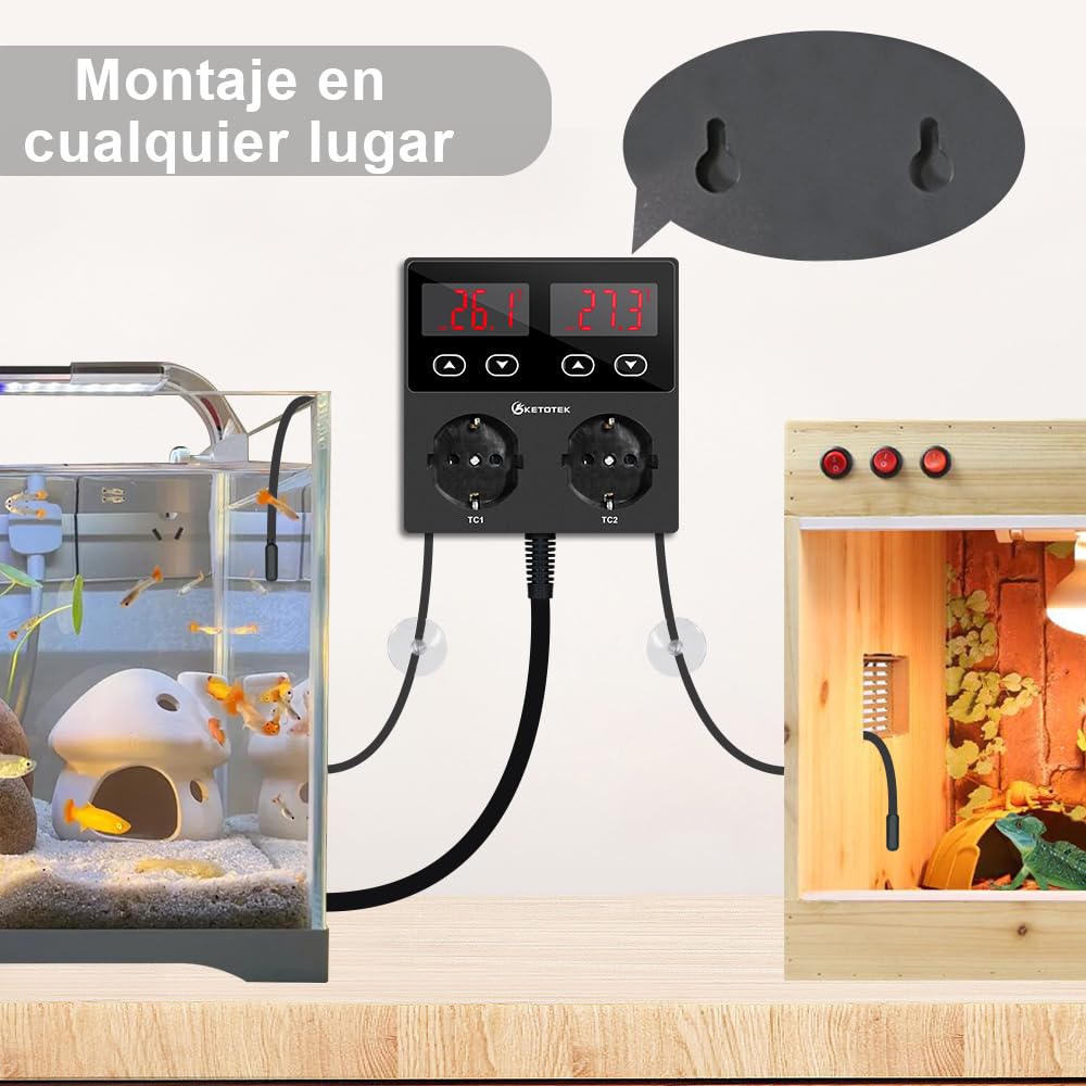 KETOTEK KT99pro Controlador de temperatura digital dual Salida 10A Relé Calefacción Enfriamiento Termostato Enchufe controlado con sensor para elaboración de cerveza de reptiles Fermentación Cría