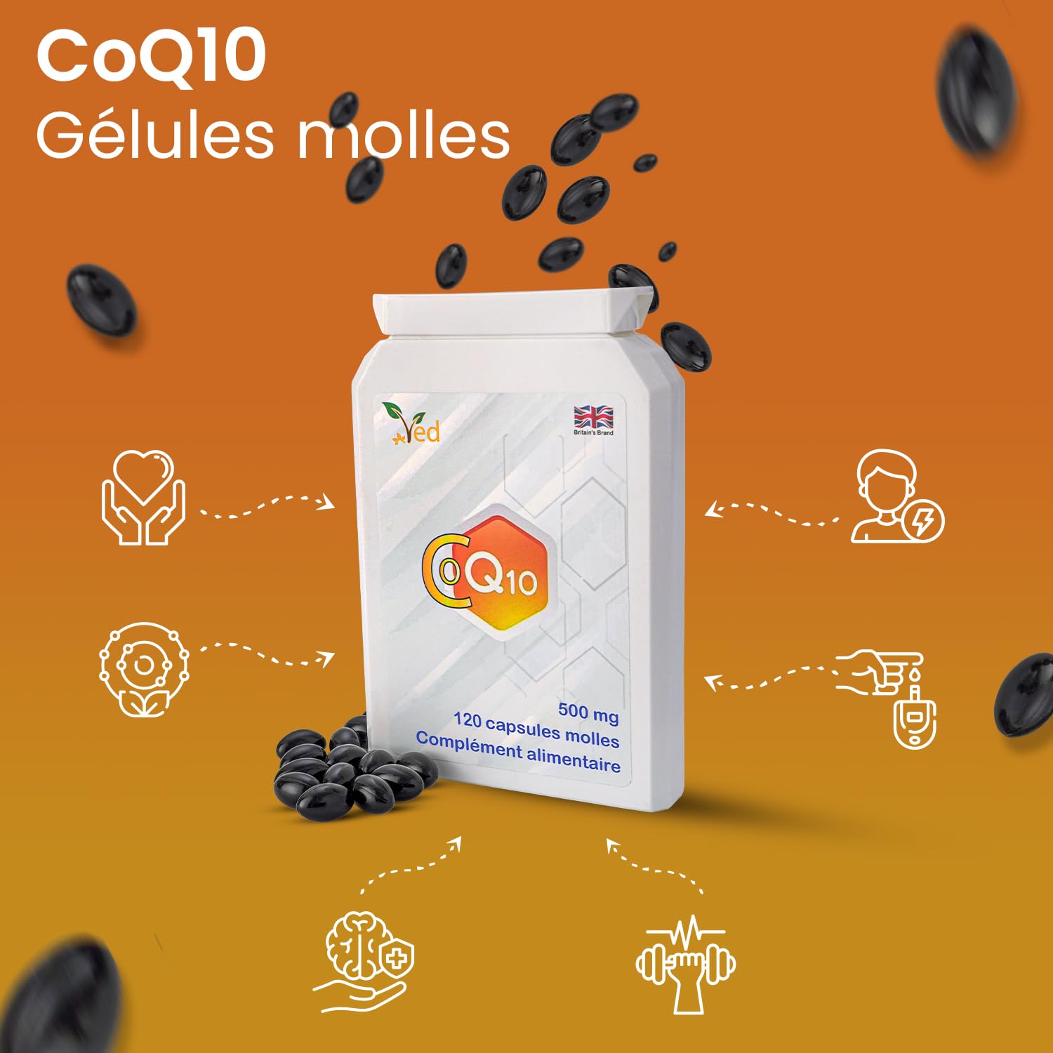 CoQ10 de Ved 500mg | CoEnzyme Q10 | La plus haute résistance | Coenzyme d'ubiquinone naturellement fermentée | Formule naturelle supérieure | 500 mg 120 gélules | 4 mois d'approvisionnement