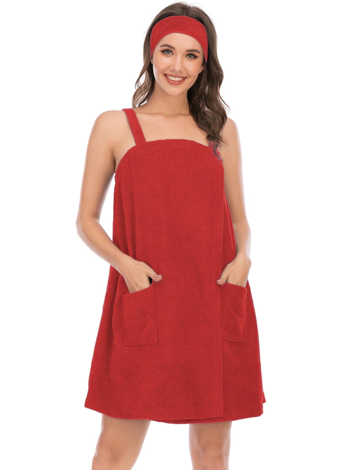 Veseacky Women Bath Wrap Towel for Womens Shower with Pocket Adjustable Spa Robe & Facial Headband