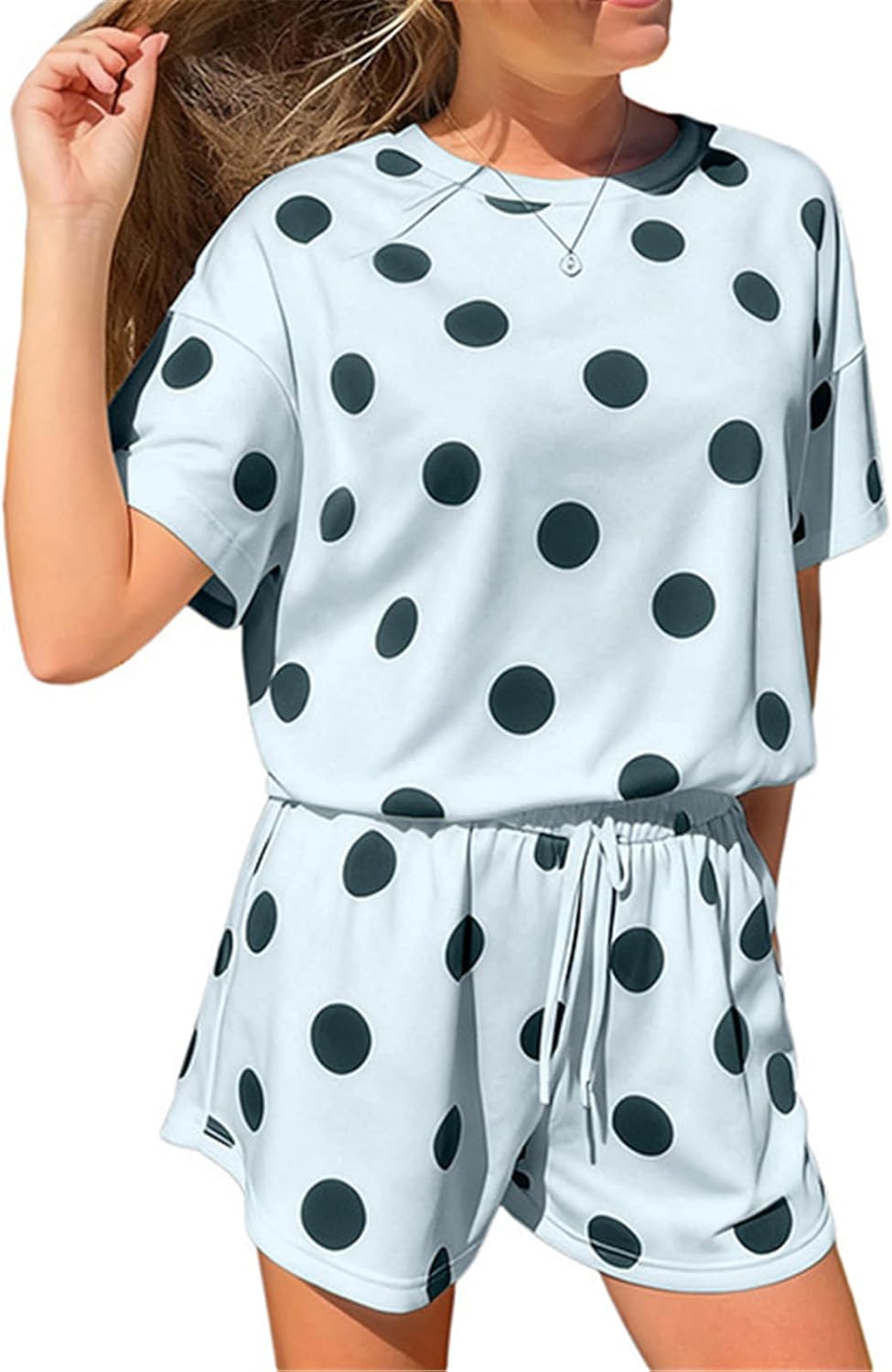 Qikaka Women's 2 PCS Polka Dots Printed T-shirts Tops Bodycon Shorts Sexy Nightclub Party Tracksuit Outfits Set
