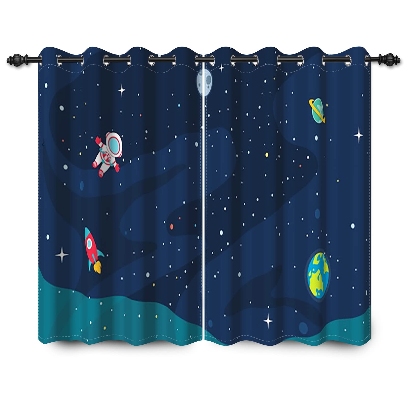YongFoto 117x138cm Caricatura Patrón Cortinas, Spaceman Cohete Planetas Estrellas en espacio, 2 Paneles Cortinas con ojales para sala de estar Dormitorio niño Inicio Set, 117cm de ancho por 138cm gota