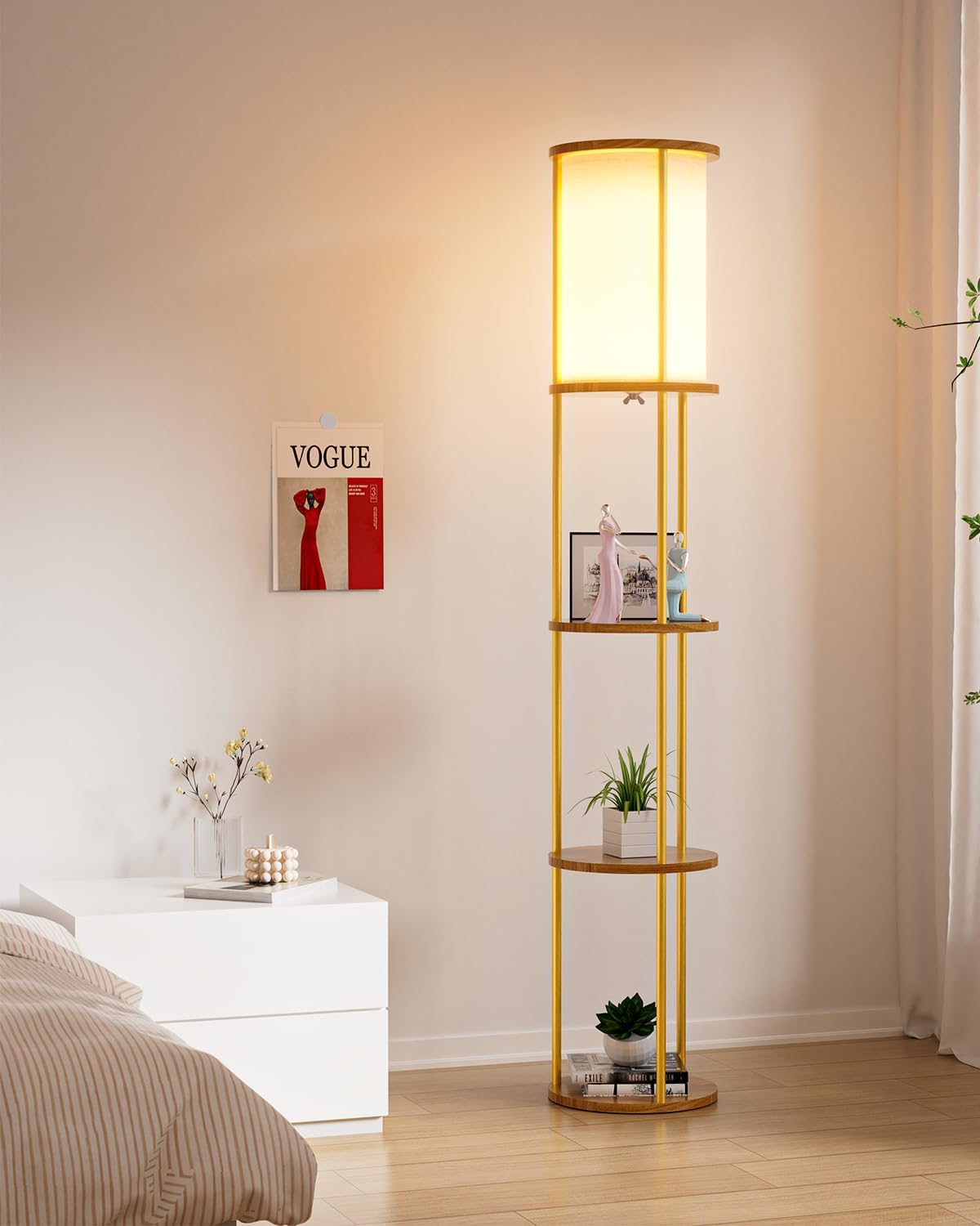 INCOMPLETE/SIMILAR NOT EXACT Lightdot 61IN Floor Lamp with Shelves, 3-Tier Storage Gold Standing Lamps with 3000K E26 Bulb Included, Display Shelf Floor Lamp for Living Room Sofa Corner