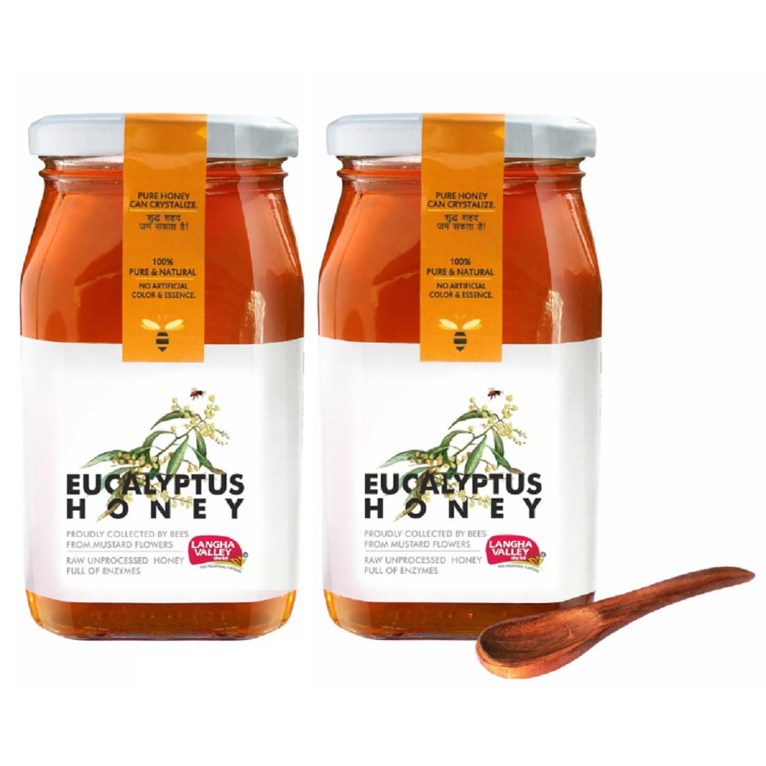 LANGHA VALLEY Pure Raw Eucalyptus Honey, 100% Natural, Unprcocessed and Unheated, Immnity Booster, No Artificial Color and Sugar, Glass Jar, 500 Grams - Pack of 2