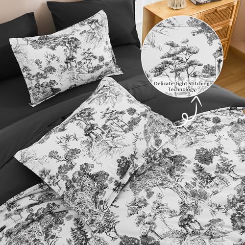 Image of DJY Black Comforter Set Queen, 7 Pieces Black and White Botanical Comforters Queen Size Elegant Plants Print with Sheets Bed in a Bag Soft Microfiber Reversible Complete Bedding Sets for All Season
