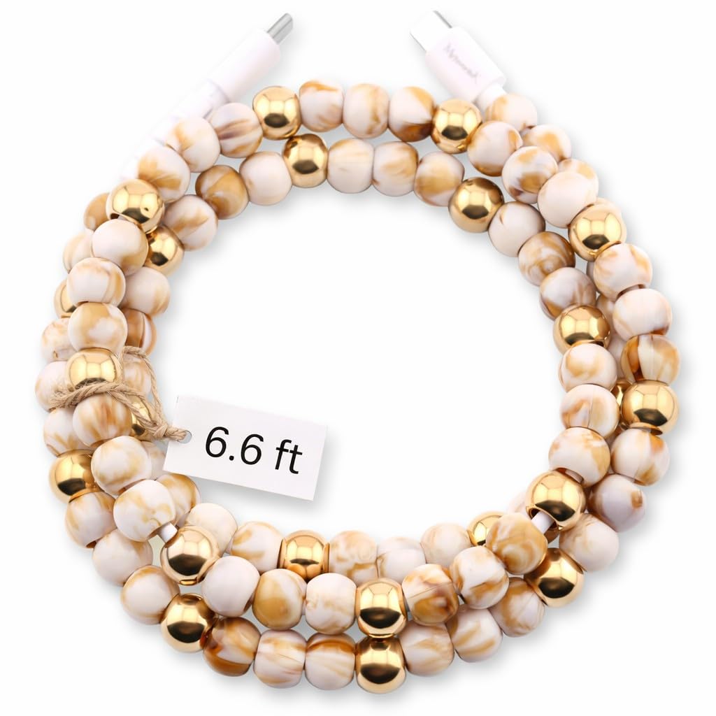 Elegante cavo di ricarica per telefono con perline colorate cavo di ricarica USB per smartphone (USB C a USB C, marmo e oro, 2 m)