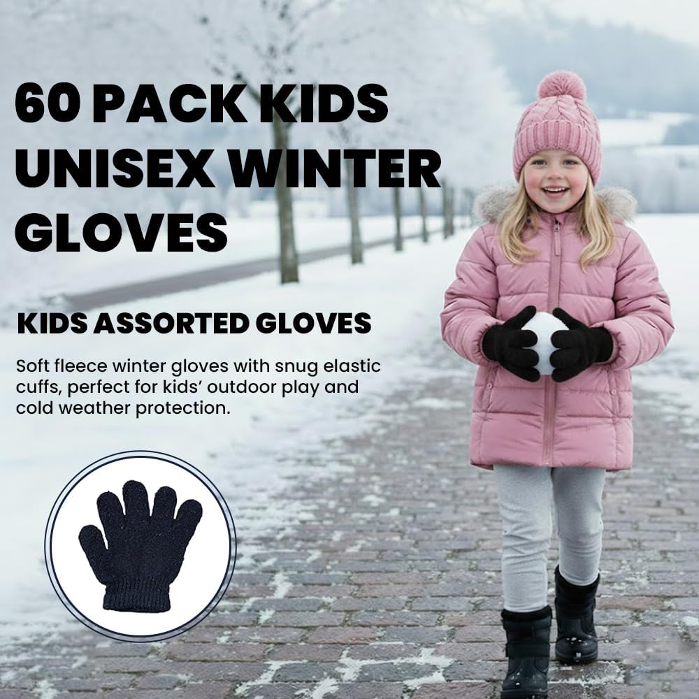 Yacht & Smith 60 Pack Of Wholesale Bulk Kids Gloves Mittens, Striped and Solid Colors Childrens