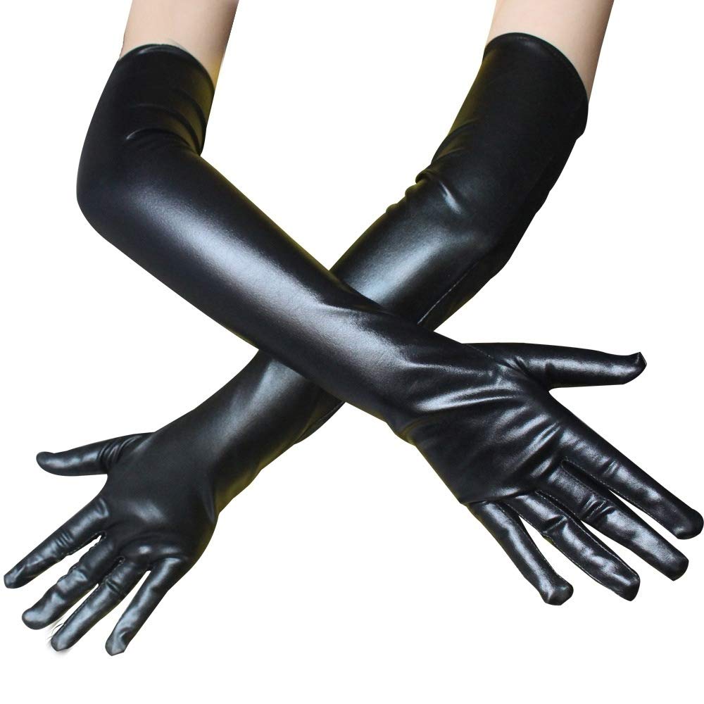 Chengzi Women's Black Patent Leather Long Gloves Fashion Sexy Cosplay Costume Finger Gloves 21 Inch (Black)