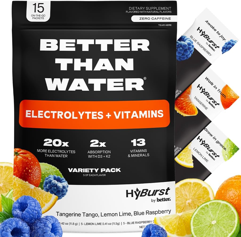 Better Than Electrolyte & Vitamin Supplement Powder, Drink Mix with B12, L-Theanine, D3, K2, Zinc, Magnesium, Potassium, Supports Calm Focus & Energy, Citrus Variety Pack, 15 Pack