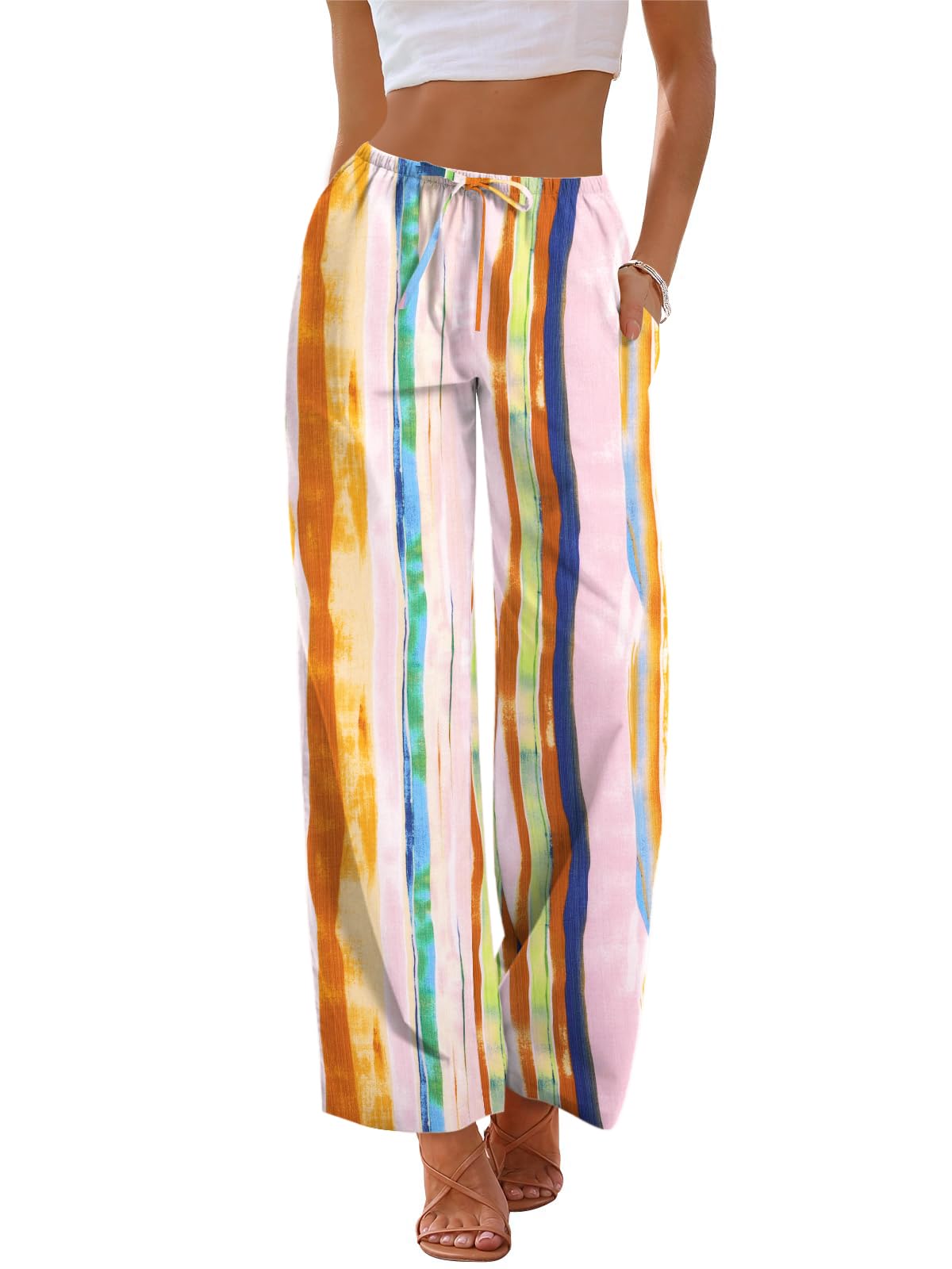 AKEWEI Women Casual Summer Palazzo Pants Drawstring Waist Wide Leg Lightweight Beach Trousers with Pockets