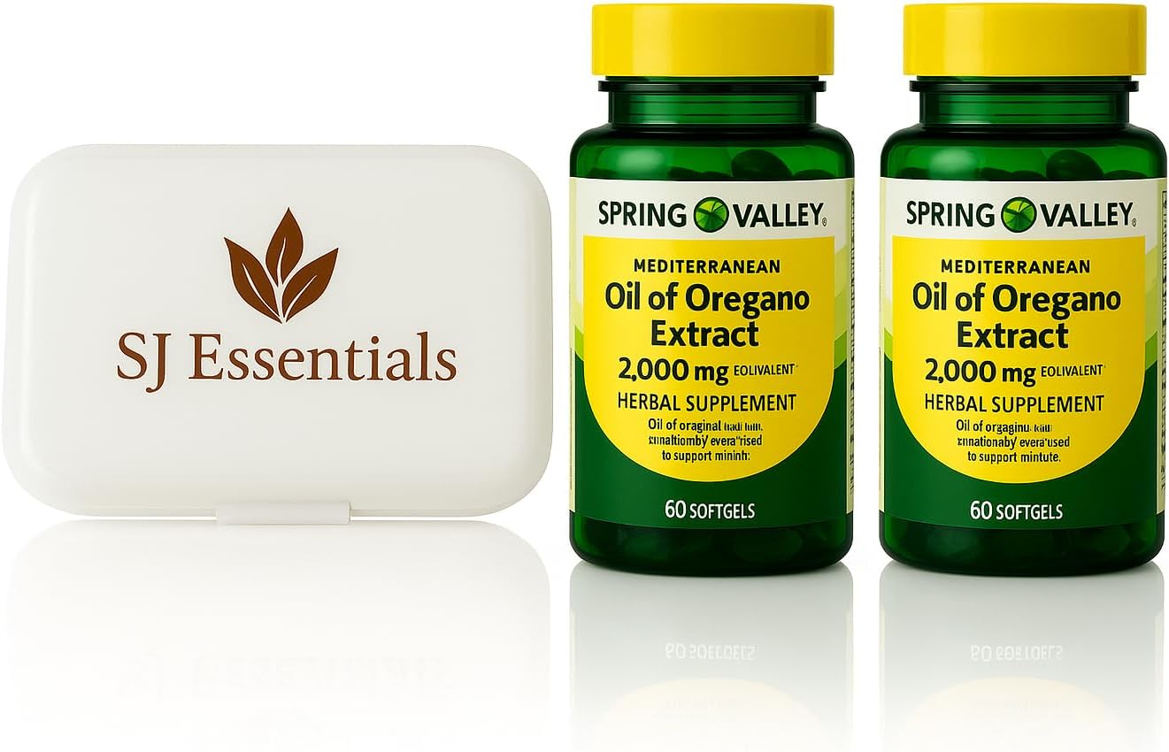 Oil of Oregano Spring Valley Mediterranean Extract Herbal Supplement Softgels, 2000 mg, 60 Count (Pack of 2) with Medicine Organizer Box