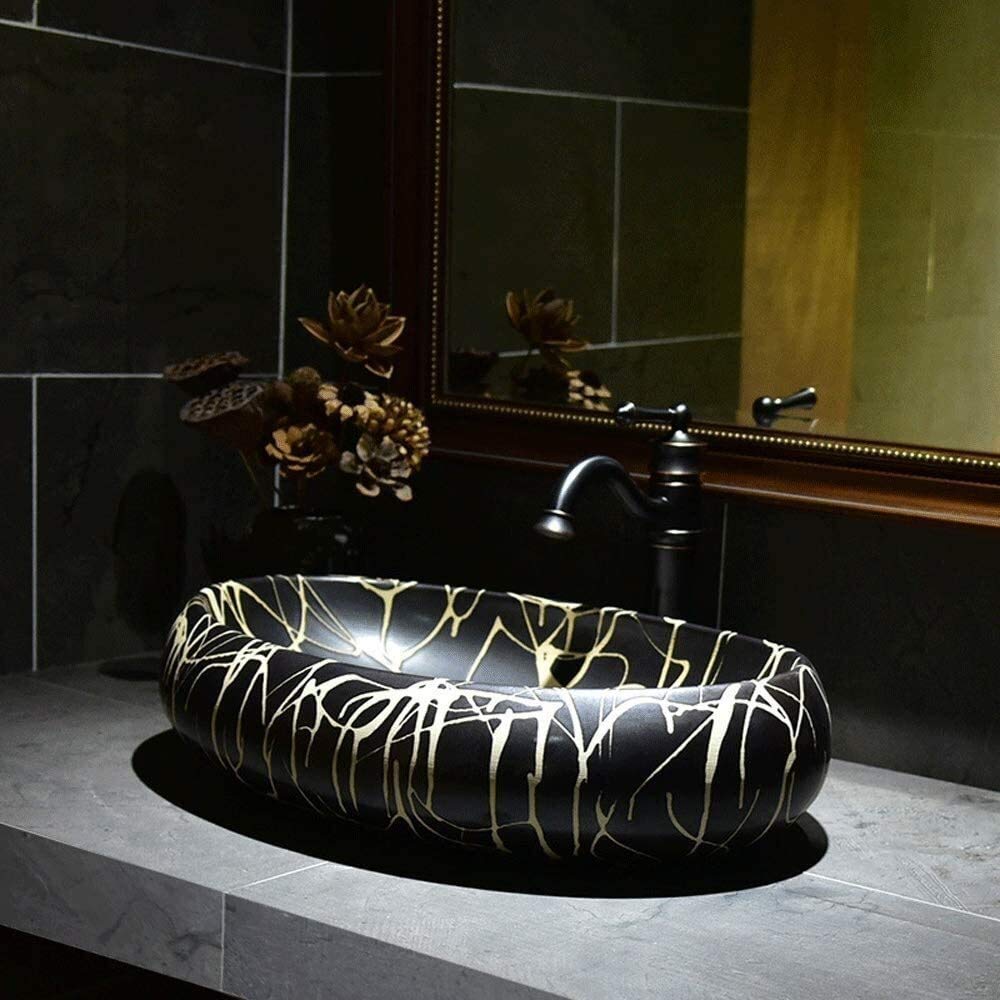 Szafka Pod Umywalkę Z Umywalką, Umywalka Nablatowa, Czarna Umywalka Nablatowa 21 X 14 Cali, Europejska, Zabytkowa, Owalna, Porcelanowa, Ceramiczna Umywalka Nablatowa