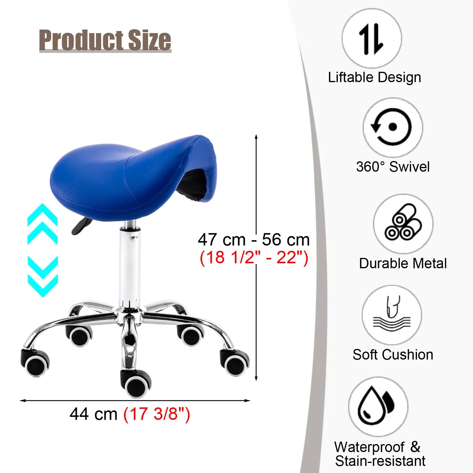 Taboret zabiegowy, profesjonalny ergonomiczny stołek siodłowy, regulowany hydrauliczny fotel siodłowy z kółkami, krzesło biurowe antygarbowe dla stylisty salonu/Lash Tech (kolor: niebieski)