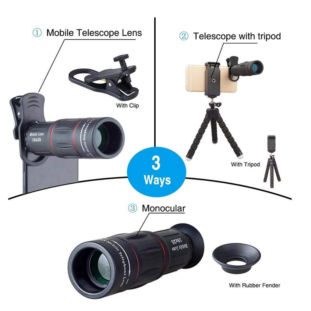 Kit di obiettivi 4 in 1 per fotocamera del cellulare, obiettivo telescopico 18X + obiettivo fisheye 198° + obiettivo grandangolare 0,36 grandangolare 15X