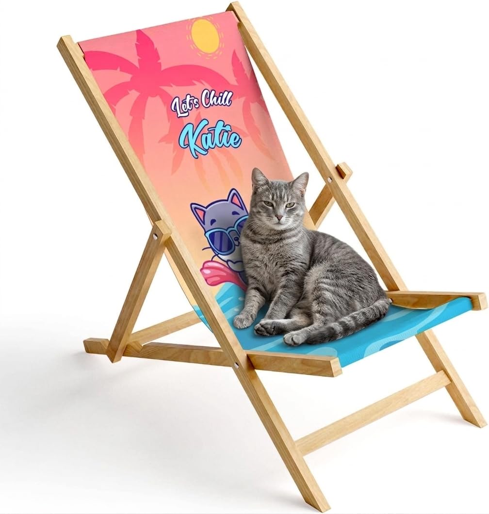Ferocity Children Kids Deck Chair Wooden Folding Lounger Chair Garden Beach Chair Design Cat Chill [119]