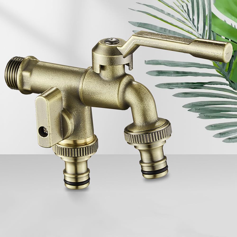 Grifo de jardín de doble salida – Grifo de agua de 1,27 cm para exteriores, conector de manguera de jardín de bronce anticongelante y resistente a la intemperie para un riego y riego eficientes