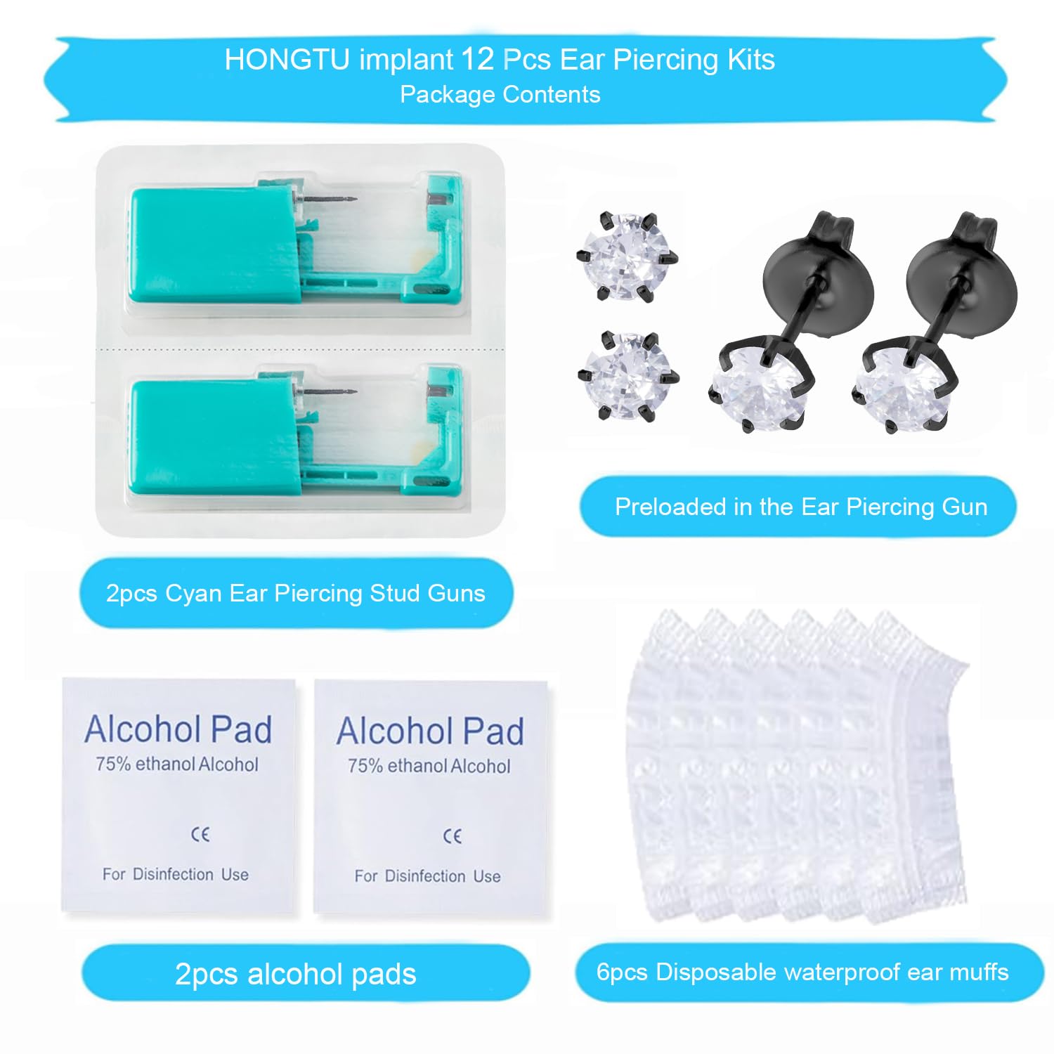 Ear Piercing Kit,2 Pcs Disposable Ear Piercing Gun with Preloaded Black Ear Earrings Stud, at Home Self Ear Piercer Kit