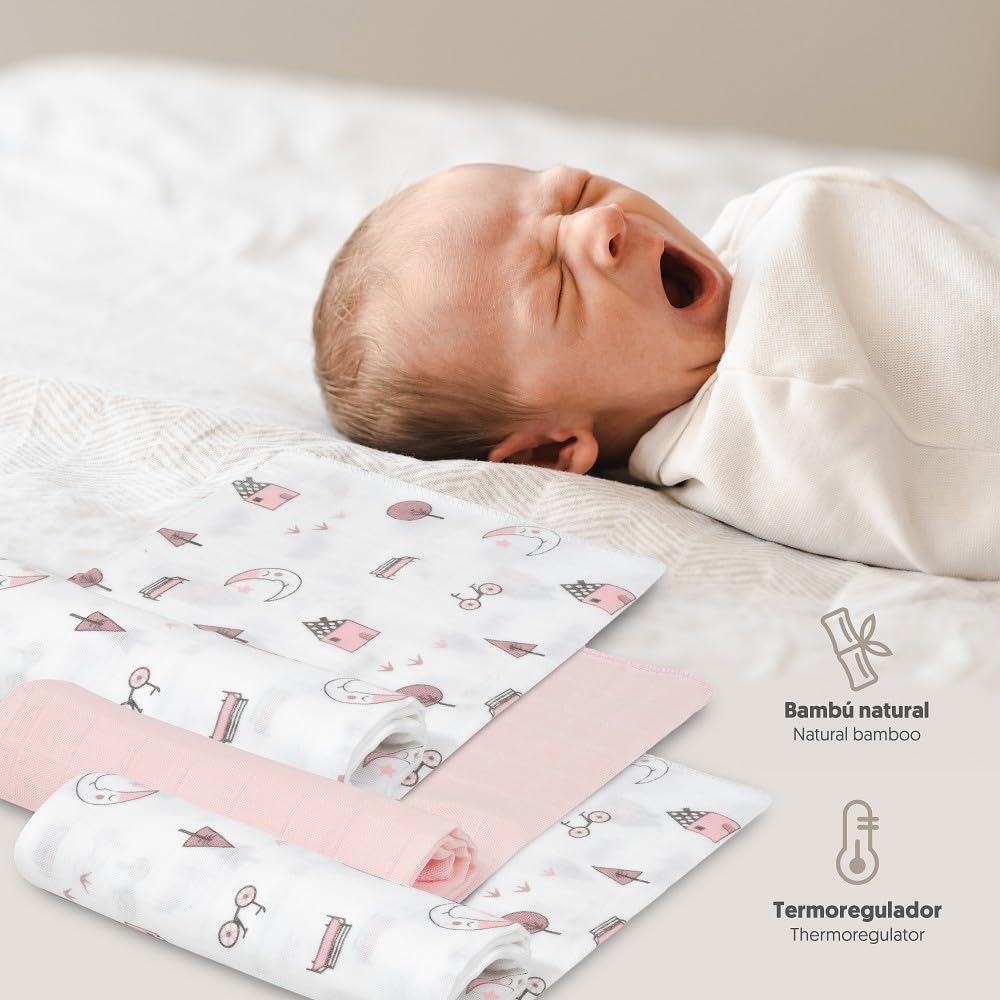 INTERBABY Set di 3 Mussole di Bambù MOON rosa per neonati 55x70 cm
