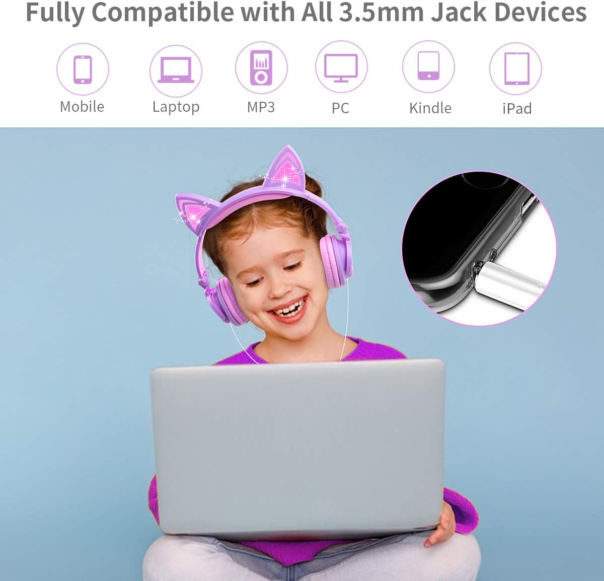 Cat Ear Headphones, Hearing Protection Barsone Wired Foldable On Ear Headsets with LED Glowing Light 3.5mm Audio Jack Headset for Children (Purple&Pink) : Electronics
