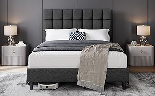 Yaheetech 5ft King Bed Frame Upholstered Platform Bed with Adjustable Square Tufted Headboard/Linen Fabric/Sturdy Wooden Slat Support/No Box Spring Needed, Dark Grey King Bed