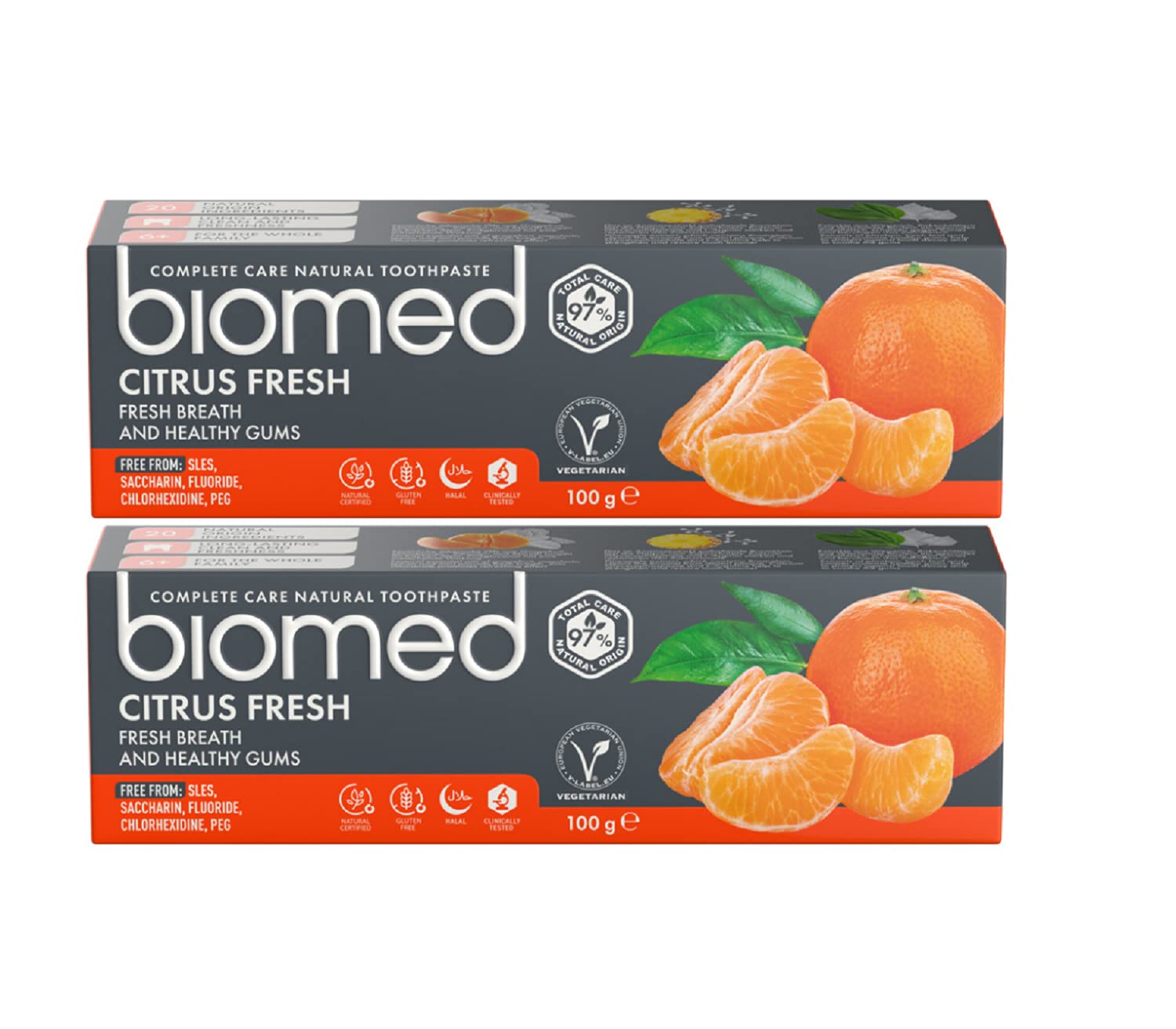 BIOMED CompleteCare Citrus fresh, Fluoride-free, Fresh breath and Healthy gums Toothpaste - 100gms (Pack of 2), Orange