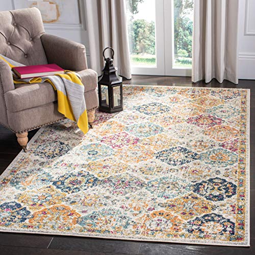 SAFAVIEH Madison Collection Area Rug - 6'7' x 9'2', Cream & Multi, Boho Chic Distressed Design, Non-Shedding & Easy Care, Ideal for High Traffic Areas in Living Room, Bedroom (MAD611B)