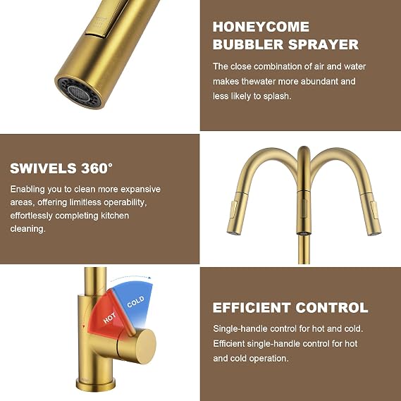 Tohlar Gold Kitchen Faucets with Pull-Down Sprayer, Modern Kitchen Sink Faucet Stainless Steel Single Handle Kitchen Faucet with Deck Plate, Brushed Gold