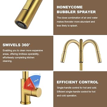 Tohlar Gold Kitchen Faucets with Pull-Down Sprayer, Modern Kitchen Sink Faucet Stainless Steel Single Handle Kitchen Faucet with Deck Plate, Brushed Gold