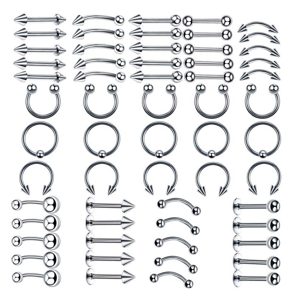 vogem Piercing Set Edelstahl Körperschmuck Studs Barbells Bananabells für Ohr Bauchnabel Lippe Nase Zunge Augenbrauen Nippel Piercing Ring Multizweck