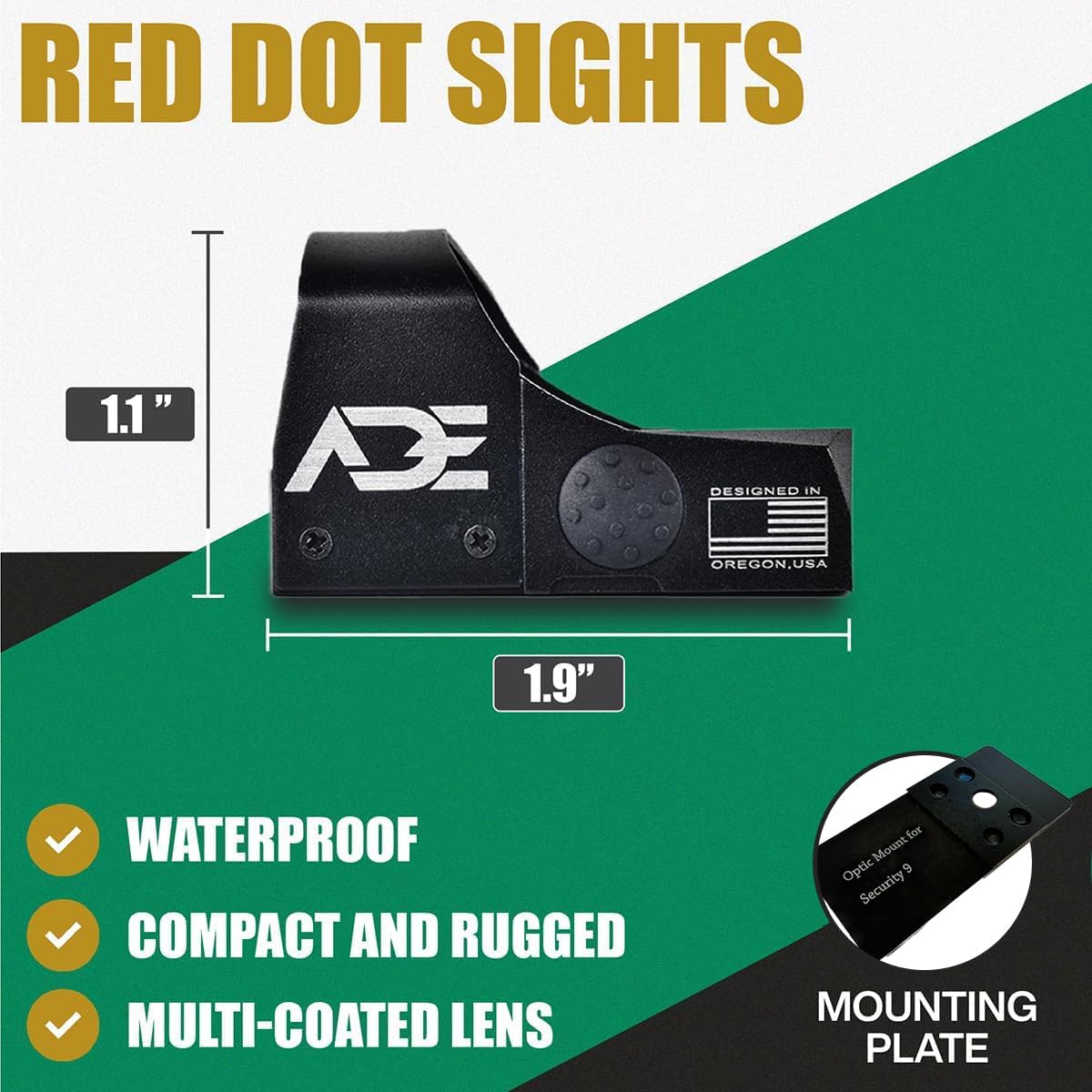 ADE Advanced Optics Crusader RD3-009 Red Dot Sight – Includes Mounting Plate for Ruger Security 9 – Motion Awake Reflex Optic Technology with Standard Picatinny Adapter – Compact Red Dot