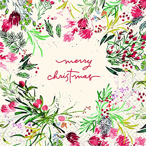 Merry Christmas Napkins Cocktail Napkins Disposable - Decorative Paper Napkins -Christmas Party Napkins With Christmas Decorations- Beverage Napkins Red Berries 5" X 5" Pk 40 #TOP12