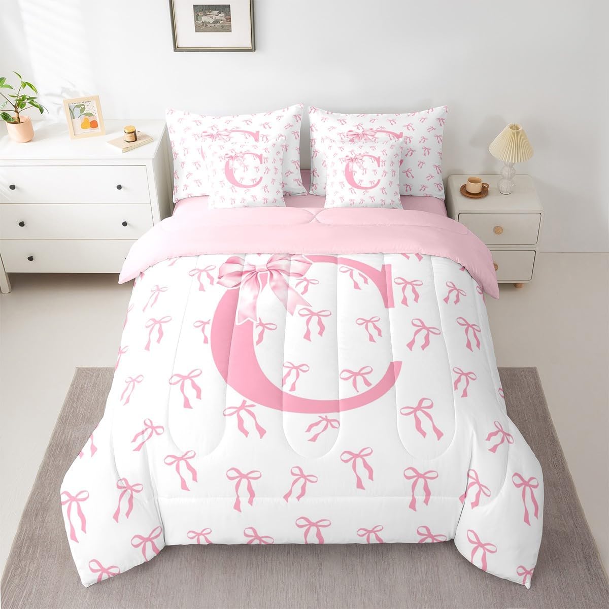 Erosebridal Pink Initial C Princess 7 Piece Comforter Set Queen Kawaii Watercolor Bowknot Bedding Set Romantic Ribbon Letter Bow Bed in a Bag Initial A-Z Bow Tie Aesthetic Sheet Set with Comforter