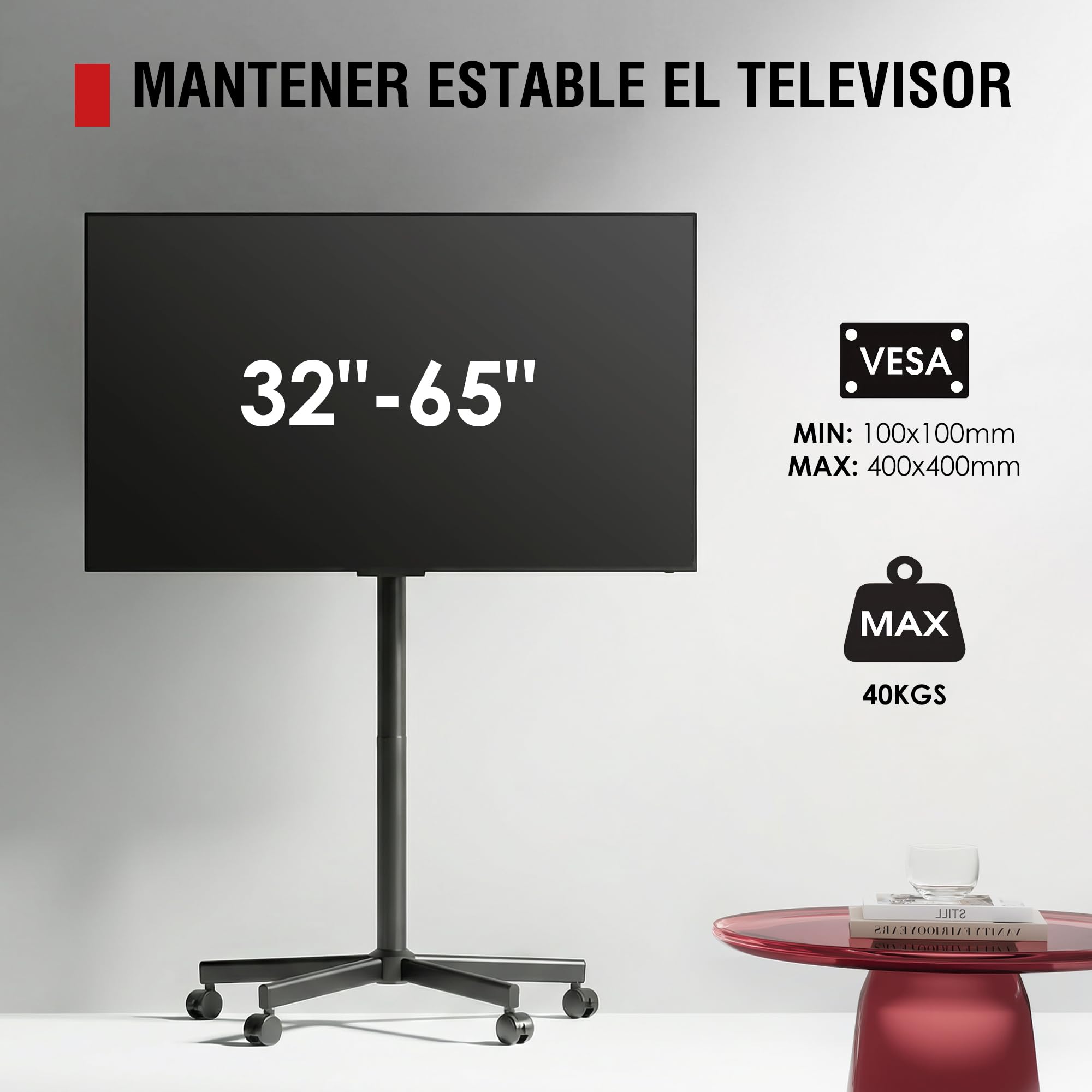 AOKCOS Soporte de TV enrollable para televisores de 32 a 65 pulgadas, inclinable y regulable en altura, con ruedas, diseño sin tornillos, soporte de suelo, universal, máx. VESA, 400 x 400 mm, 40 kg